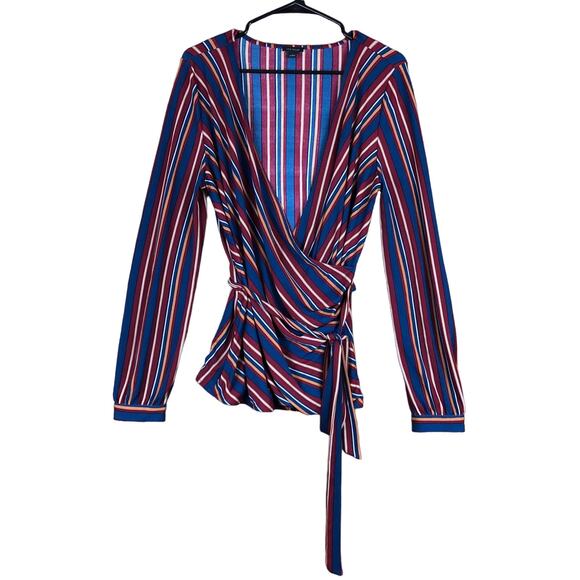 Ann Taylor Womens Blouse Multicolor Striped Belted Ruched Wrap Plunge Neck L - Picture 1 of 12
